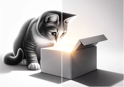 A cat looking at a box

Description automatically generated